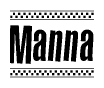 The image is a black and white clipart of the text Manna in a bold, italicized font. The text is bordered by a dotted line on the top and bottom, and there are checkered flags positioned at both ends of the text, usually associated with racing or finishing lines.