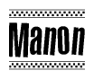 The image contains the text Manon in a bold, stylized font, with a checkered flag pattern bordering the top and bottom of the text.