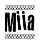 The image is a black and white clipart of the text Miia in a bold, italicized font. The text is bordered by a dotted line on the top and bottom, and there are checkered flags positioned at both ends of the text, usually associated with racing or finishing lines.