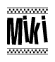 The clipart image displays the text Miki in a bold, stylized font. It is enclosed in a rectangular border with a checkerboard pattern running below and above the text, similar to a finish line in racing. 