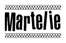 The image is a black and white clipart of the text Martelie in a bold, italicized font. The text is bordered by a dotted line on the top and bottom, and there are checkered flags positioned at both ends of the text, usually associated with racing or finishing lines.
