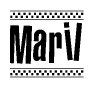 The image is a black and white clipart of the text Maril in a bold, italicized font. The text is bordered by a dotted line on the top and bottom, and there are checkered flags positioned at both ends of the text, usually associated with racing or finishing lines.