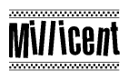 The image contains the text Millicent in a bold, stylized font, with a checkered flag pattern bordering the top and bottom of the text.