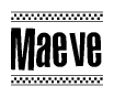 The image contains the text Maeve in a bold, stylized font, with a checkered flag pattern bordering the top and bottom of the text.