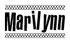 The image is a black and white clipart of the text Marilynn in a bold, italicized font. The text is bordered by a dotted line on the top and bottom, and there are checkered flags positioned at both ends of the text, usually associated with racing or finishing lines.