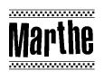 The clipart image displays the text Marthe in a bold, stylized font. It is enclosed in a rectangular border with a checkerboard pattern running below and above the text, similar to a finish line in racing. 