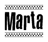 The image is a black and white clipart of the text Marta in a bold, italicized font. The text is bordered by a dotted line on the top and bottom, and there are checkered flags positioned at both ends of the text, usually associated with racing or finishing lines.