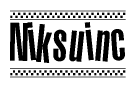 The image is a black and white clipart of the text Niksuinc in a bold, italicized font. The text is bordered by a dotted line on the top and bottom, and there are checkered flags positioned at both ends of the text, usually associated with racing or finishing lines.
