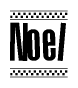 The image is a black and white clipart of the text Noel in a bold, italicized font. The text is bordered by a dotted line on the top and bottom, and there are checkered flags positioned at both ends of the text, usually associated with racing or finishing lines.