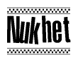 The image is a black and white clipart of the text Nukhet in a bold, italicized font. The text is bordered by a dotted line on the top and bottom, and there are checkered flags positioned at both ends of the text, usually associated with racing or finishing lines.