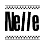The clipart image displays the text Nelle in a bold, stylized font. It is enclosed in a rectangular border with a checkerboard pattern running below and above the text, similar to a finish line in racing. 