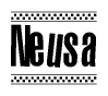 The image is a black and white clipart of the text Neusa in a bold, italicized font. The text is bordered by a dotted line on the top and bottom, and there are checkered flags positioned at both ends of the text, usually associated with racing or finishing lines.