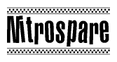 The image is a black and white clipart of the text Nitrospare in a bold, italicized font. The text is bordered by a dotted line on the top and bottom, and there are checkered flags positioned at both ends of the text, usually associated with racing or finishing lines.