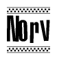 The image is a black and white clipart of the text Norv in a bold, italicized font. The text is bordered by a dotted line on the top and bottom, and there are checkered flags positioned at both ends of the text, usually associated with racing or finishing lines.