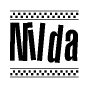 The image is a black and white clipart of the text Nilda in a bold, italicized font. The text is bordered by a dotted line on the top and bottom, and there are checkered flags positioned at both ends of the text, usually associated with racing or finishing lines.