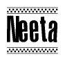The image is a black and white clipart of the text Neeta in a bold, italicized font. The text is bordered by a dotted line on the top and bottom, and there are checkered flags positioned at both ends of the text, usually associated with racing or finishing lines.