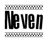 The image is a black and white clipart of the text Neven in a bold, italicized font. The text is bordered by a dotted line on the top and bottom, and there are checkered flags positioned at both ends of the text, usually associated with racing or finishing lines.
