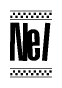 The image is a black and white clipart of the text Nel in a bold, italicized font. The text is bordered by a dotted line on the top and bottom, and there are checkered flags positioned at both ends of the text, usually associated with racing or finishing lines.