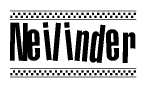 The image is a black and white clipart of the text Neilinder in a bold, italicized font. The text is bordered by a dotted line on the top and bottom, and there are checkered flags positioned at both ends of the text, usually associated with racing or finishing lines.