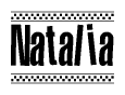 The clipart image displays the text Natalia in a bold, stylized font. It is enclosed in a rectangular border with a checkerboard pattern running below and above the text, similar to a finish line in racing. 