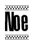 The image is a black and white clipart of the text Noe in a bold, italicized font. The text is bordered by a dotted line on the top and bottom, and there are checkered flags positioned at both ends of the text, usually associated with racing or finishing lines.