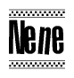 The image is a black and white clipart of the text Nene in a bold, italicized font. The text is bordered by a dotted line on the top and bottom, and there are checkered flags positioned at both ends of the text, usually associated with racing or finishing lines.
