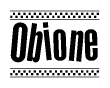 The image contains the text Obione in a bold, stylized font, with a checkered flag pattern bordering the top and bottom of the text.