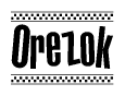 The image is a black and white clipart of the text Orezok in a bold, italicized font. The text is bordered by a dotted line on the top and bottom, and there are checkered flags positioned at both ends of the text, usually associated with racing or finishing lines.