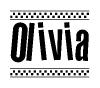 The image is a black and white clipart of the text Olivia in a bold, italicized font. The text is bordered by a dotted line on the top and bottom, and there are checkered flags positioned at both ends of the text, usually associated with racing or finishing lines.