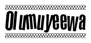 The image is a black and white clipart of the text Olumuyeewa in a bold, italicized font. The text is bordered by a dotted line on the top and bottom, and there are checkered flags positioned at both ends of the text, usually associated with racing or finishing lines.