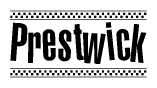 The clipart image displays the text Prestwick in a bold, stylized font. It is enclosed in a rectangular border with a checkerboard pattern running below and above the text, similar to a finish line in racing. 