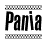 The image is a black and white clipart of the text Pania in a bold, italicized font. The text is bordered by a dotted line on the top and bottom, and there are checkered flags positioned at both ends of the text, usually associated with racing or finishing lines.