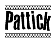 The image is a black and white clipart of the text Pattick in a bold, italicized font. The text is bordered by a dotted line on the top and bottom, and there are checkered flags positioned at both ends of the text, usually associated with racing or finishing lines.