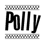 The image contains the text Polly in a bold, stylized font, with a checkered flag pattern bordering the top and bottom of the text.