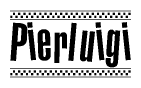 The image is a black and white clipart of the text Pierluigi in a bold, italicized font. The text is bordered by a dotted line on the top and bottom, and there are checkered flags positioned at both ends of the text, usually associated with racing or finishing lines.