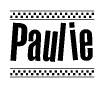 The image is a black and white clipart of the text Paulie in a bold, italicized font. The text is bordered by a dotted line on the top and bottom, and there are checkered flags positioned at both ends of the text, usually associated with racing or finishing lines.