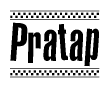 The image contains the text Pratap in a bold, stylized font, with a checkered flag pattern bordering the top and bottom of the text.