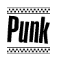 The image is a black and white clipart of the text Punk in a bold, italicized font. The text is bordered by a dotted line on the top and bottom, and there are checkered flags positioned at both ends of the text, usually associated with racing or finishing lines.