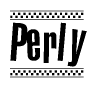 The image is a black and white clipart of the text Perly in a bold, italicized font. The text is bordered by a dotted line on the top and bottom, and there are checkered flags positioned at both ends of the text, usually associated with racing or finishing lines.
