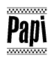 The image contains the text Papi in a bold, stylized font, with a checkered flag pattern bordering the top and bottom of the text.