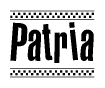 The image is a black and white clipart of the text Patria in a bold, italicized font. The text is bordered by a dotted line on the top and bottom, and there are checkered flags positioned at both ends of the text, usually associated with racing or finishing lines.