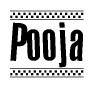 The clipart image displays the text Pooja in a bold, stylized font. It is enclosed in a rectangular border with a checkerboard pattern running below and above the text, similar to a finish line in racing. 