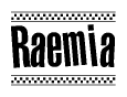 The image is a black and white clipart of the text Raemia in a bold, italicized font. The text is bordered by a dotted line on the top and bottom, and there are checkered flags positioned at both ends of the text, usually associated with racing or finishing lines.