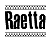 The image contains the text Raetta in a bold, stylized font, with a checkered flag pattern bordering the top and bottom of the text.