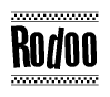 The image is a black and white clipart of the text Rodoo in a bold, italicized font. The text is bordered by a dotted line on the top and bottom, and there are checkered flags positioned at both ends of the text, usually associated with racing or finishing lines.