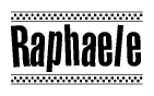 The image is a black and white clipart of the text Raphaele in a bold, italicized font. The text is bordered by a dotted line on the top and bottom, and there are checkered flags positioned at both ends of the text, usually associated with racing or finishing lines.