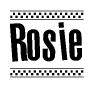 The image contains the text Rosie in a bold, stylized font, with a checkered flag pattern bordering the top and bottom of the text.