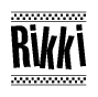 The image contains the text Rikki in a bold, stylized font, with a checkered flag pattern bordering the top and bottom of the text.
