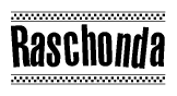 The image is a black and white clipart of the text Raschonda in a bold, italicized font. The text is bordered by a dotted line on the top and bottom, and there are checkered flags positioned at both ends of the text, usually associated with racing or finishing lines.
