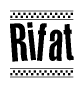 The image is a black and white clipart of the text Rifat in a bold, italicized font. The text is bordered by a dotted line on the top and bottom, and there are checkered flags positioned at both ends of the text, usually associated with racing or finishing lines.